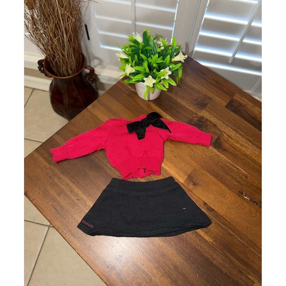 American Girl Doll Sparkle Bow Sweater Red Knit with Black Bow and Skirt Set